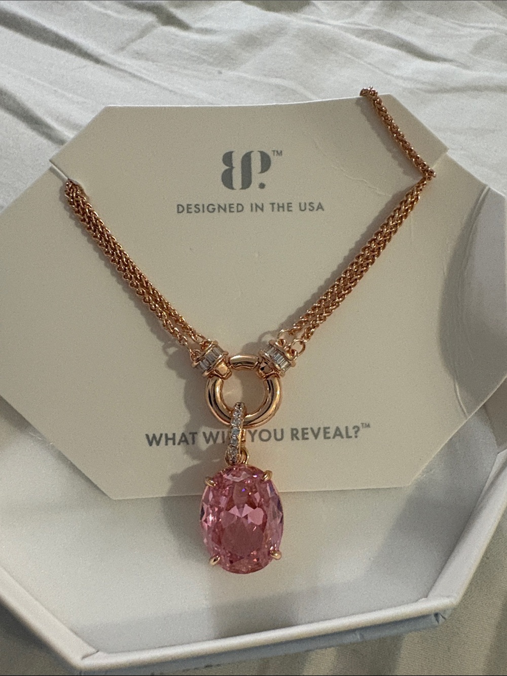 bp Rose Gold Necklace with Pink Oval Crystal Pendant
